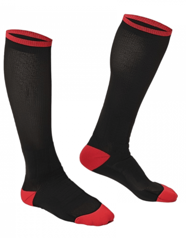 a pair of black and red socks with red and black socks